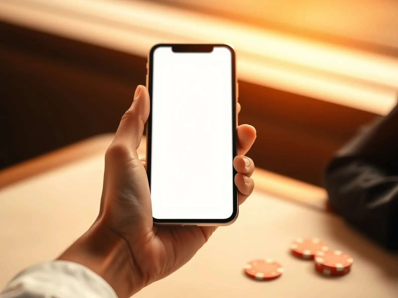 Hand mit Smartphone neben orangefarbenen Casino-Chips